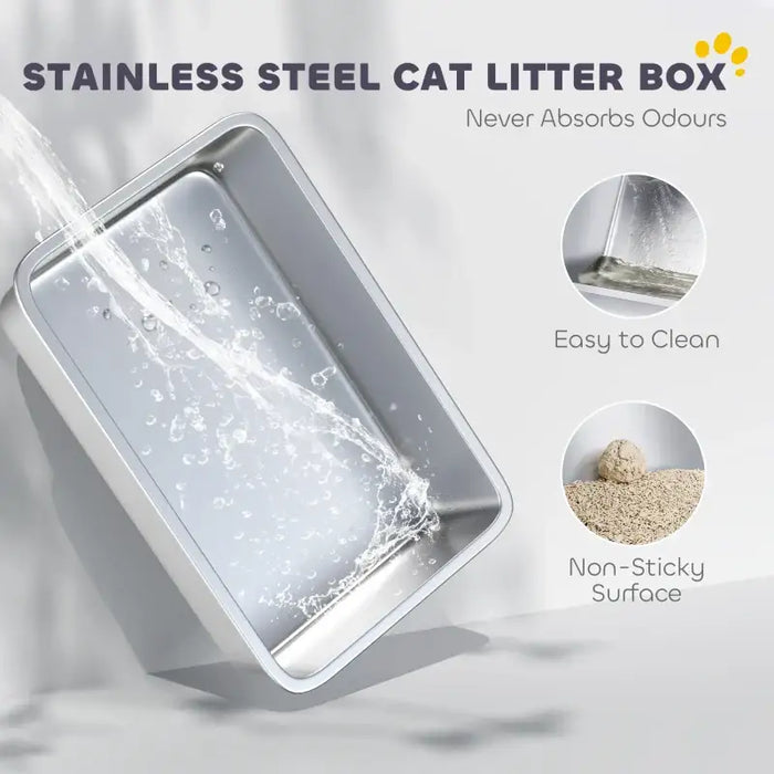 XL Stainless Steel Cat Litter Box with Scoop | High-Sided Splash Protection PAWHUT - Little and Giant Explorers PawHut