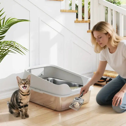 XL Stainless Steel Cat Litter Box with Scoop | High-Sided Splash Protection PAWHUT - Little and Giant Explorers PawHut