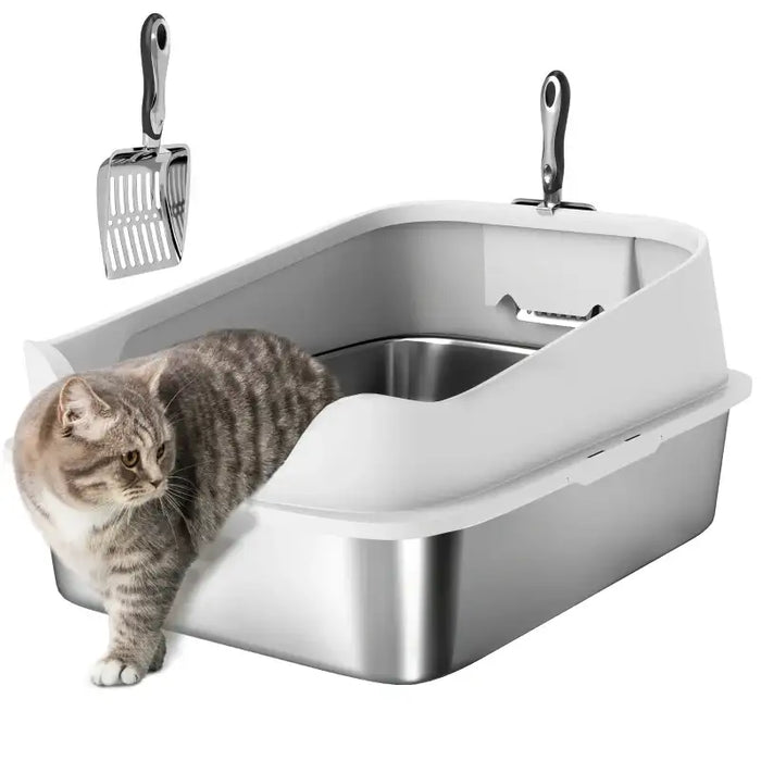 XL Stainless Steel Cat Litter Box with Scoop | High-Sided Splash Protection PAWHUT - Little and Giant Explorers PawHut