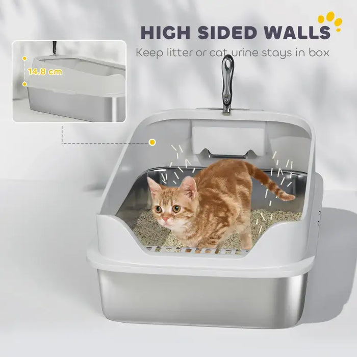 XL Stainless Steel Cat Litter Box with Scoop | High-Sided Splash Protection PAWHUT - Little and Giant Explorers PawHut