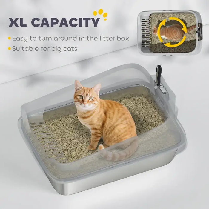 XL Stainless Steel Cat Litter Box with Scoop | High-Sided Splash Protection PAWHUT - Little and Giant Explorers PawHut
