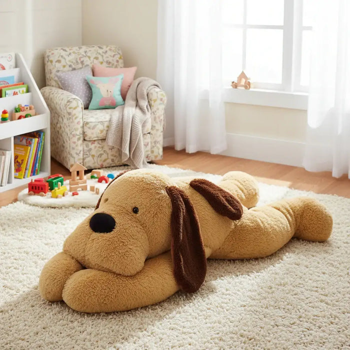 Plush dog toy with brown ears and black nose in a plush playroom