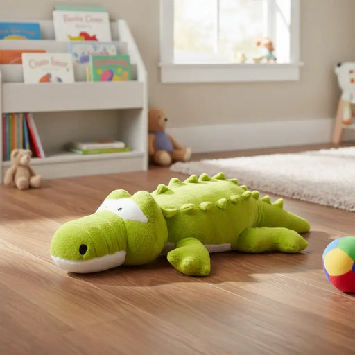 Green plush alligator toy in a plush background
