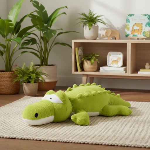Green plush alligator toy in a plush playroom with plants