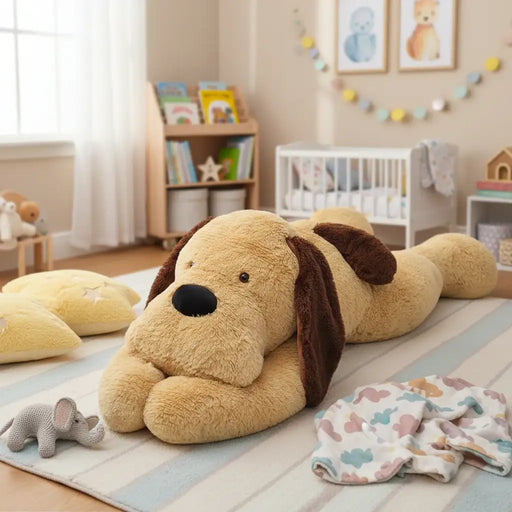 Large plush dog toy on a rug in a child's room with books and toys around