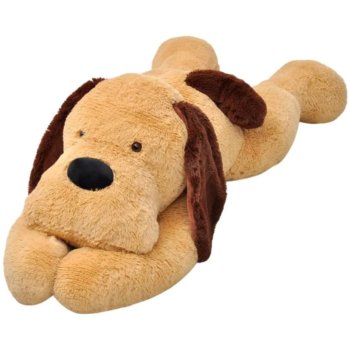 Plush dog toy with brown ears and black nose on a white background