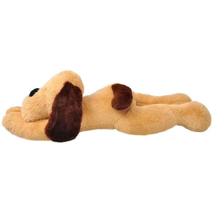 Plush dog toy with brown accents on a white background