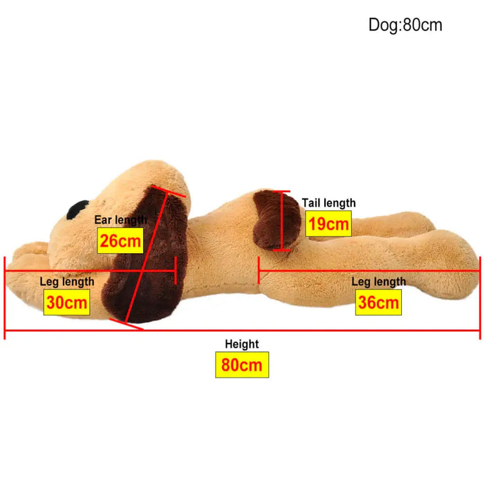 Measurement chart of a plush dog toy with labeled dimensions on a white background