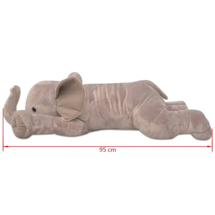 Plush elephant toy with dimensions on a white background