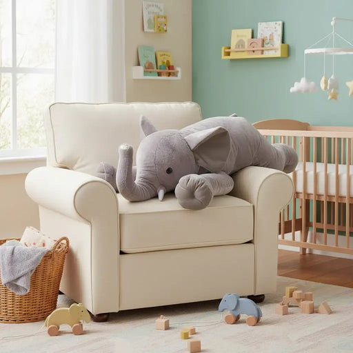 Plush elephant toy lying on an armchair in a plush playroom