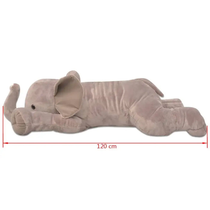 Plush elephant toy with dimensions on a white background