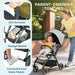 Stroller with features highlighted and a woman pushing a child in it.