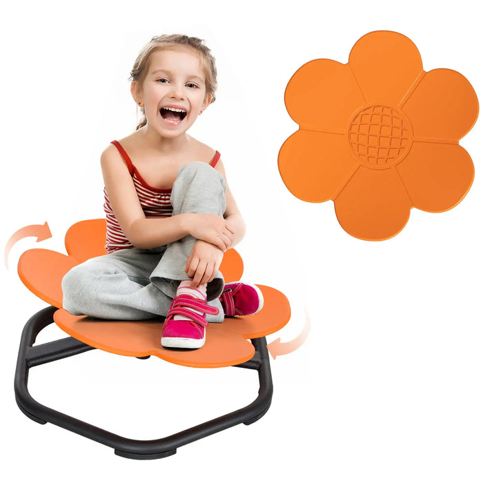 Child sitting on a flower-shaped orange chair with a close-up of the chair's seat design.