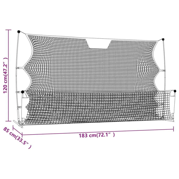 Football rebounder net 183x120 cm with black frame and grid, measurement labels visible