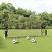 Yellow and black football rebounder net with soccer balls on green field outdoors