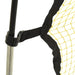 Close-up of yellow football rebounder net with black trim and metal frame