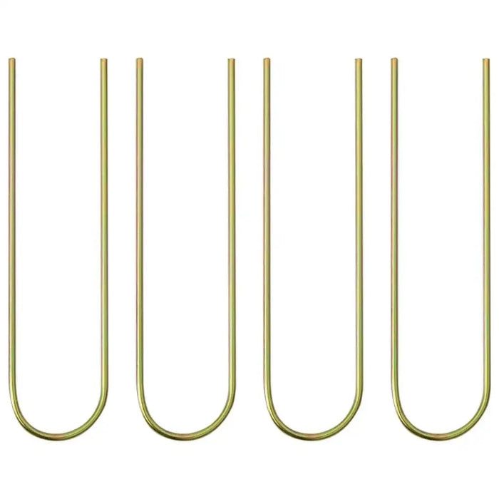 Five yellow metal U-shaped ground pegs for football rebounder net on white background