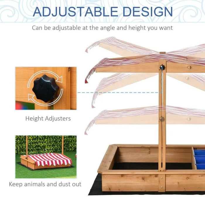 Yellow wooden sandbox with adjustable striped canopy and bottomless design on grass