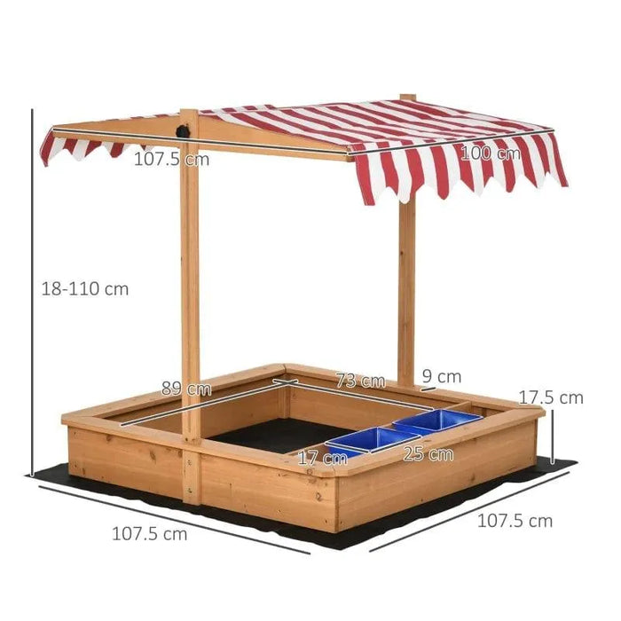 Yellow wooden sandbox with red striped adjustable canopy, bottomless design, and storage boxes