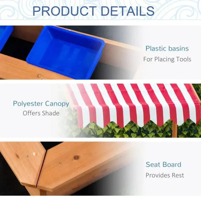 Yellow wooden sandbox with blue plastic basins, red and white striped canopy, seat board