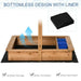 Yellow wooden sandbox with liner, adjustable canopy, blue bins, and bottomless design