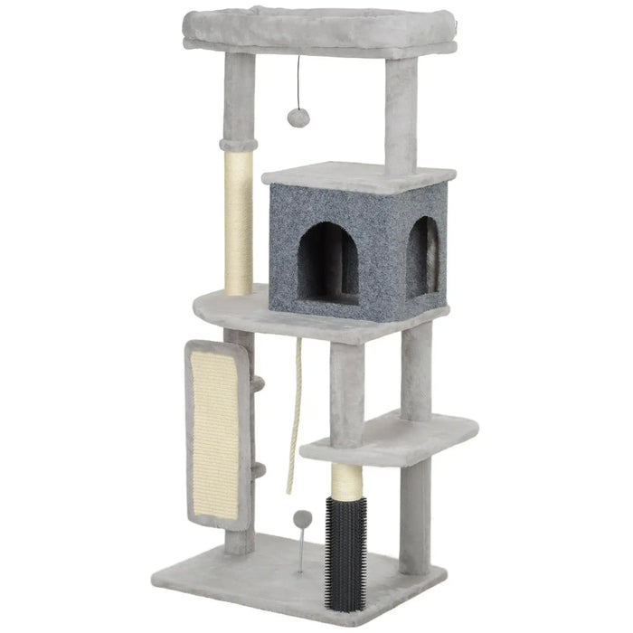 Gray multi-level cat tree with scratching posts, cozy cubby, and hanging toys