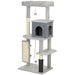 Gray multi-level cat tree with scratching posts, cozy cubby, and hanging toys