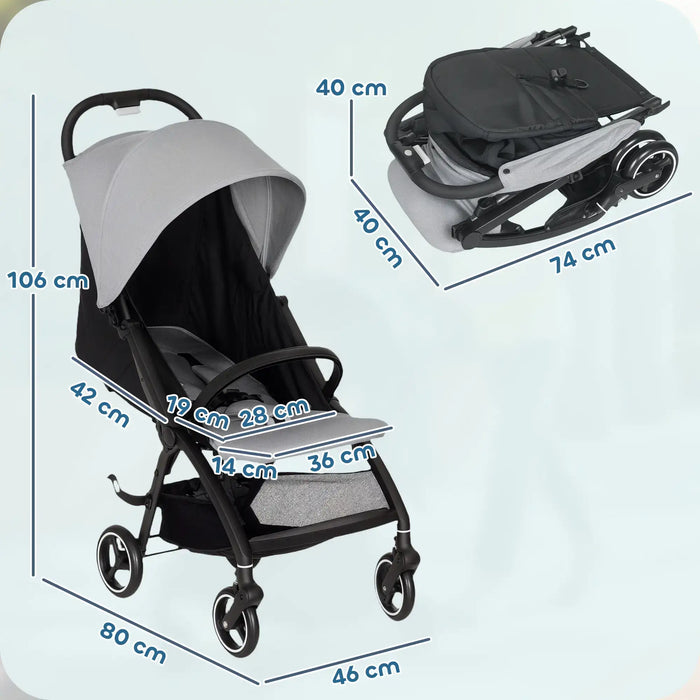 Baby stroller with dimensions labeled on a light blue background