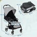 Baby stroller with dimensions labeled on a light blue background