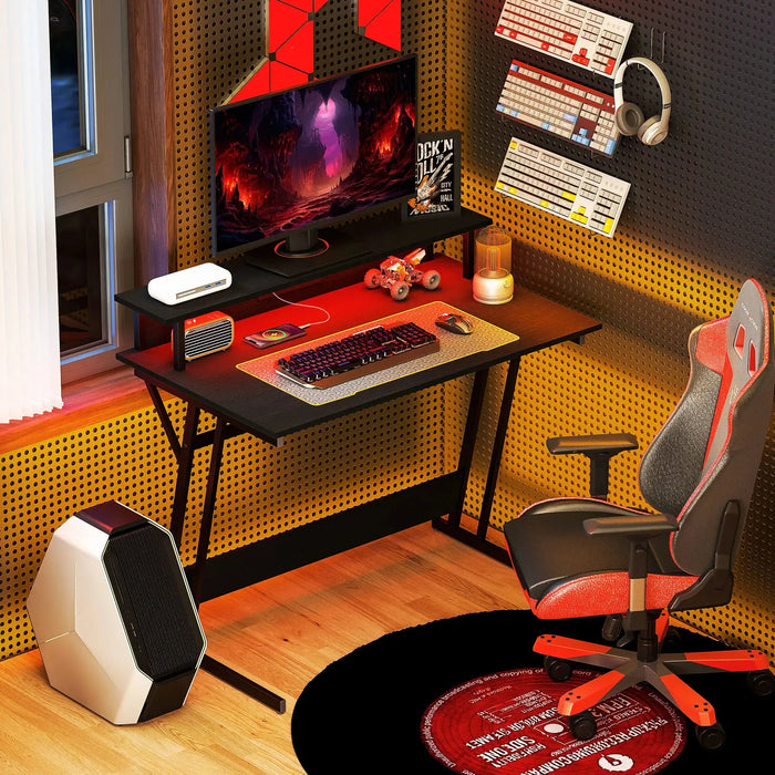 Z Shaped Gaming Desk with LED Lights and Power Outlets - Little and Giant Explorers HOMCOM