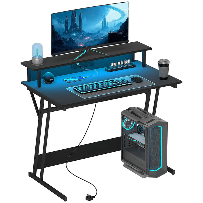 Z Shaped Gaming Desk with LED Lights and Power Outlets - Little and Giant Explorers HOMCOM