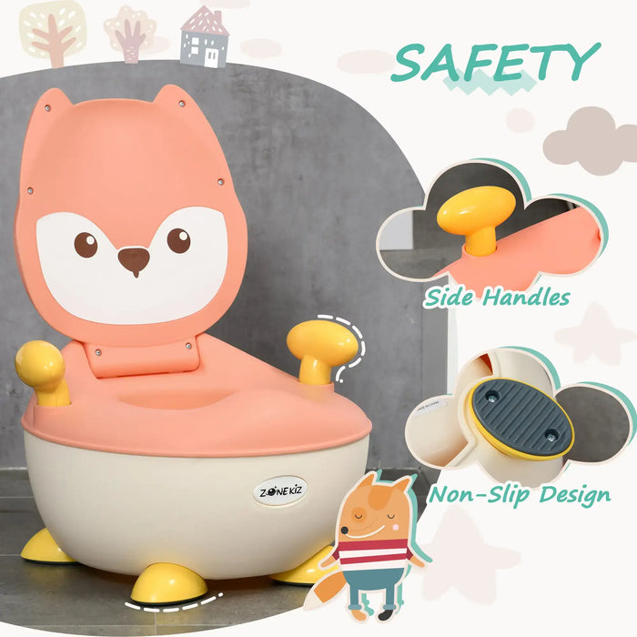 Children's potty chair with fox design, safety features highlighted, on a light gray background.