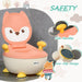 Children's potty chair with fox design, safety features highlighted, on a light gray background.