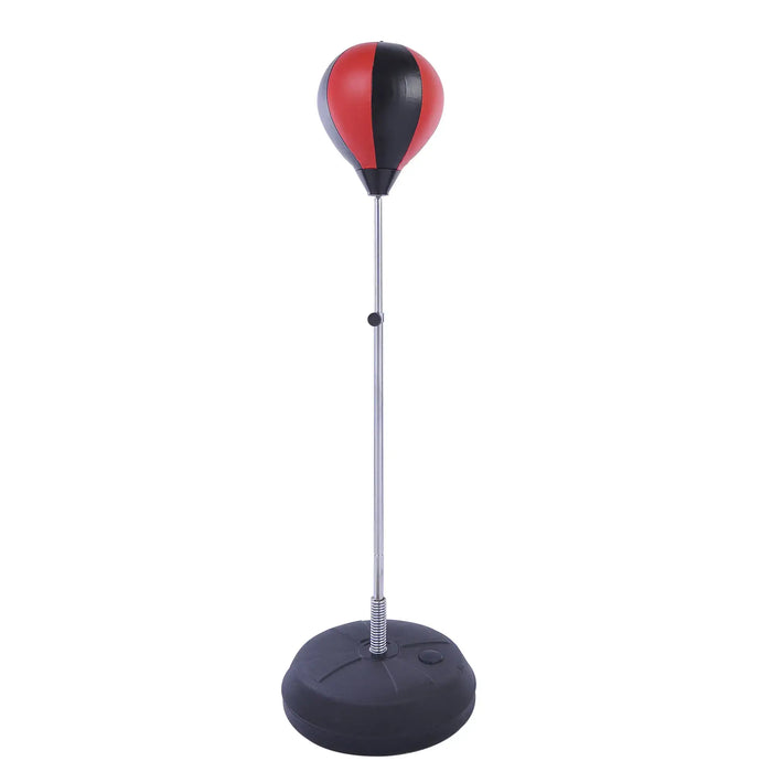 Red and black punching ball on adjustable metal stand with round black base for boxing practice