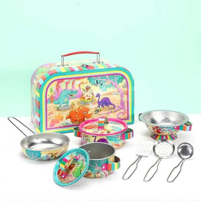 Colorful dinosaur tin kitchenware play set with carry case, pots, pans, and utensils