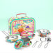 Colorful dinosaur tin kitchenware play set with carry case, pots, pans, and utensils