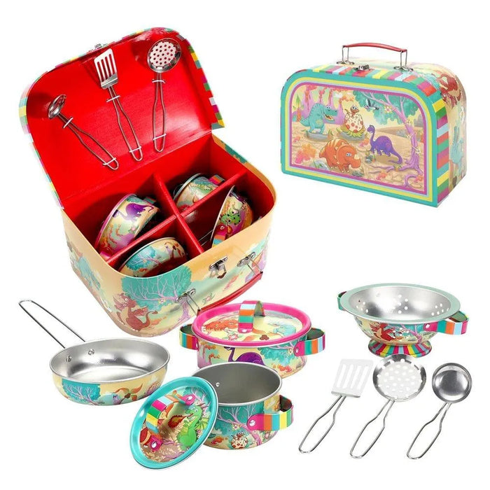 10-piece kids tin kitchenware set with dinosaur designs and colorful carry case