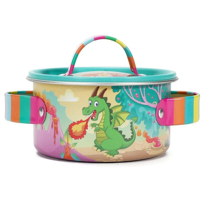 Kids tin cooking pot with colorful handles and cute dinosaur illustration, kitchen playset