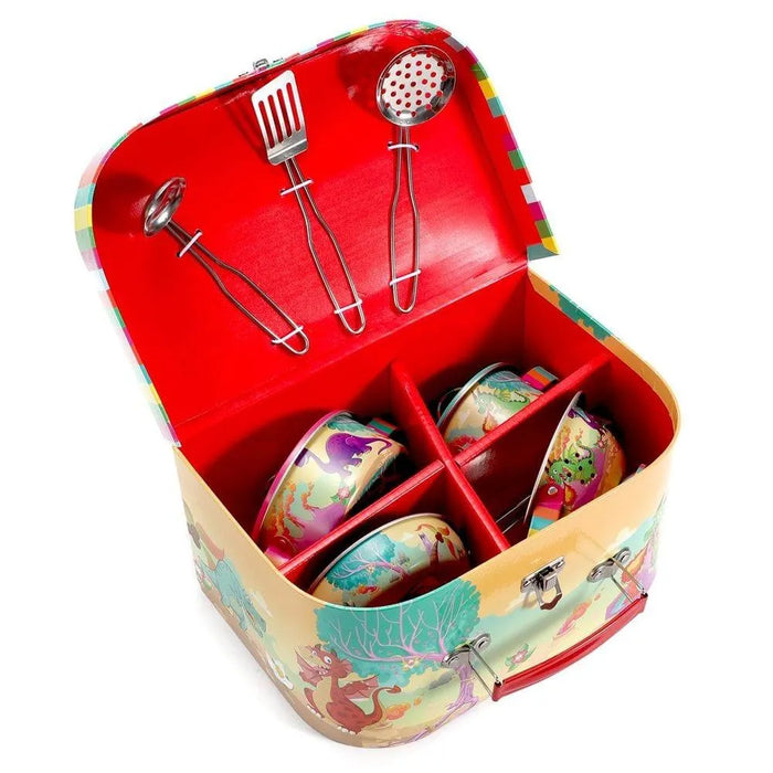 Children's dinosaur tin kitchenware set in colorful carrying case with utensils and bowls