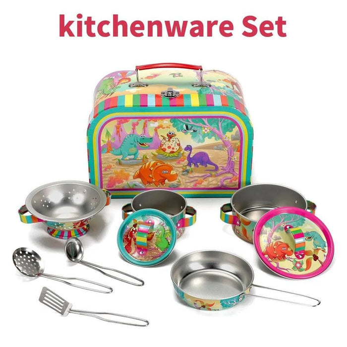 10-piece kids tin kitchenware set with dinosaur designs and colorful carry case
