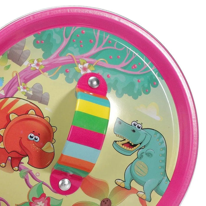 Colorful tin lid with rainbow handle, pink border, and cartoon dinosaur designs