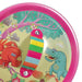Colorful tin lid with rainbow handle, pink border, and cartoon dinosaur designs