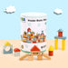 SOKA 100-piece wooden building blocks set with colorful shapes and storage cylinder.