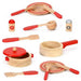14-piece wooden toy cooking set with red handles, plates, utensils, pots, salt and pepper shakers