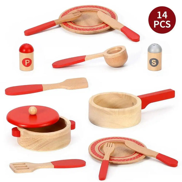 14-piece wooden cooking set with red accents, toy pots, plates, utensils, and shakers
