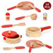 14-piece wooden cooking set with red accents, toy pots, plates, utensils, and shakers