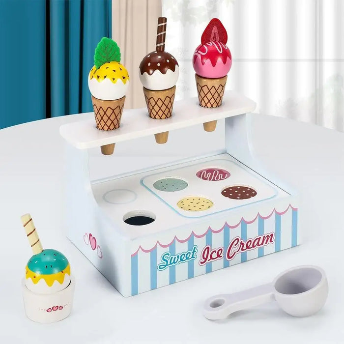 Wooden ice cream shop playset with cones, scoops, toppings, and Sweet Ice Cream counter