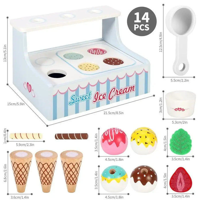 14-piece wooden ice cream shop playset with counter, cones, scoops, toppings, and utensils
