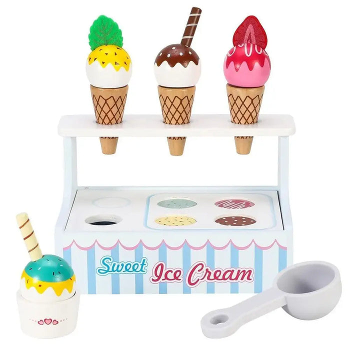 Wooden ice cream shop playset with cones, toppings, counter, and scoop toy.