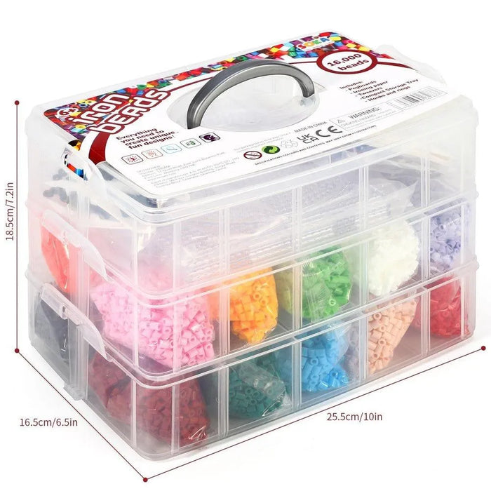 Iron bead art set with 16,000 colorful beads in clear storage box, pegboards and tools visible